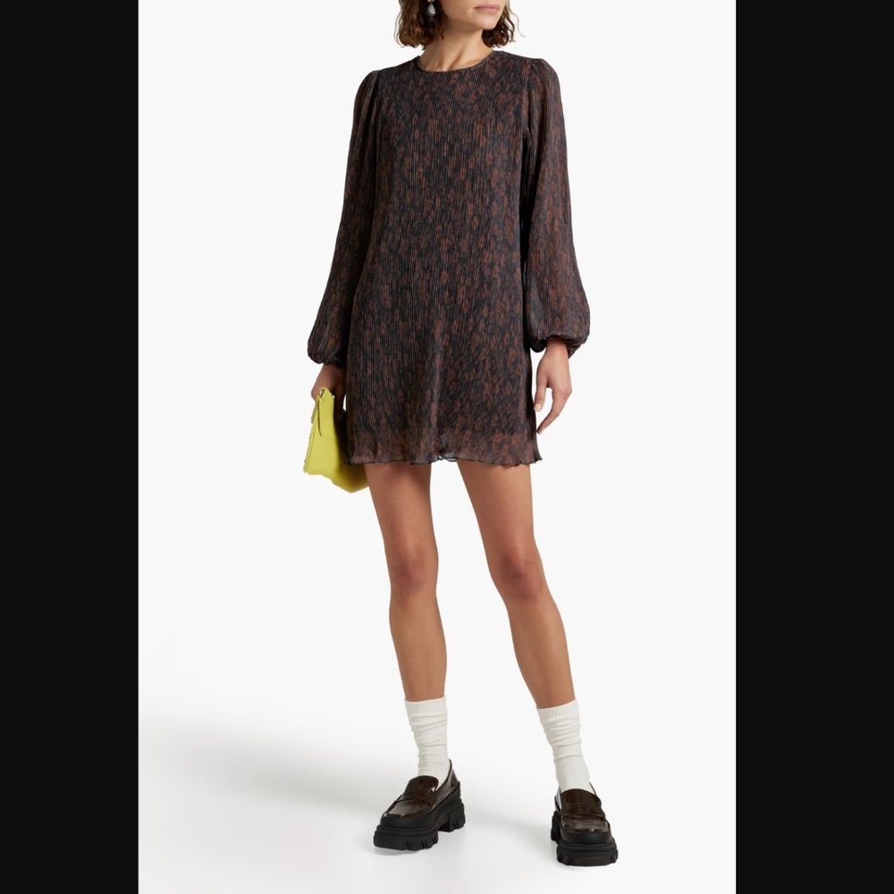 Ganni Brown Pleated Mini Dress - Picture 2 of 11